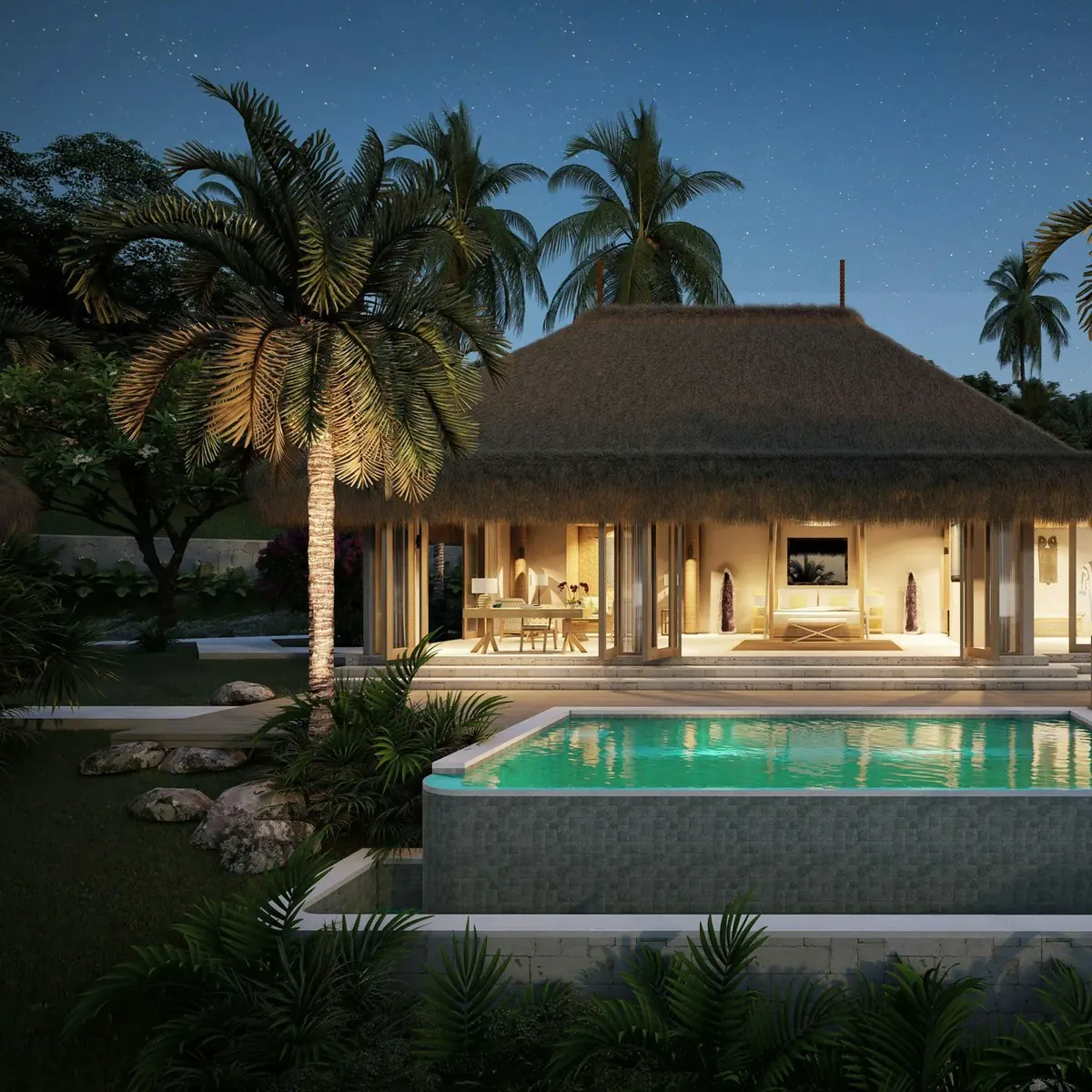 Villa avec piscine au crépuscule